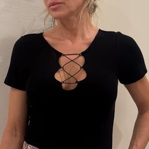 LNA Black Lace-Up Short Sleeve Tee